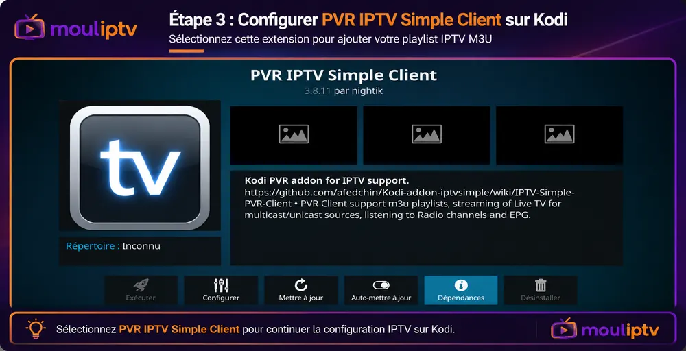 Configurer IPTV sur Kodi - Sélection du module PVR IPTV Simple Client pour ajouter une playlist IPTV M3U